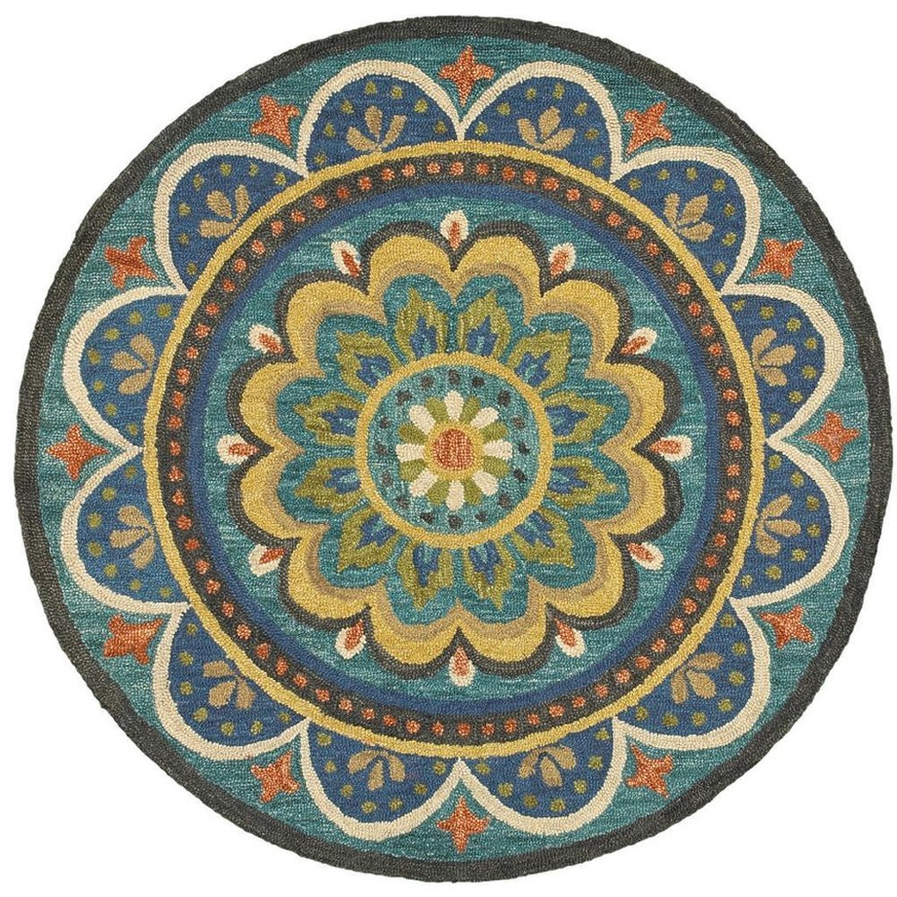 6' Blue Round Wool Geometric Hand Tufted Area Rug