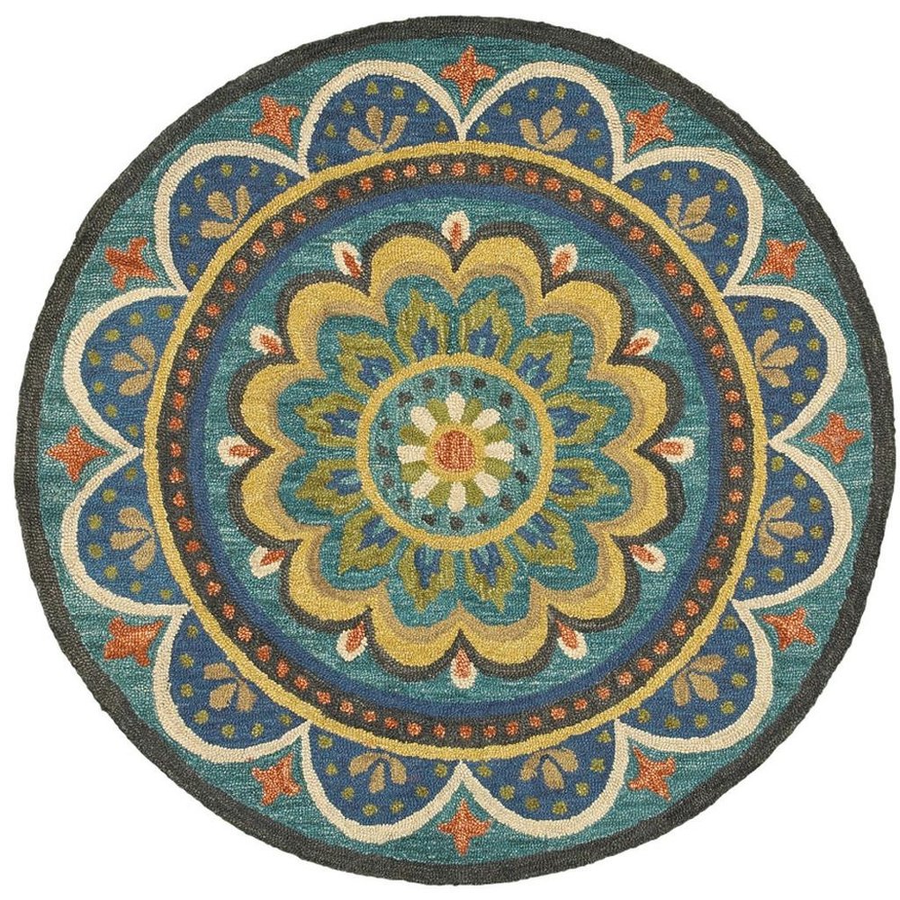 4' Blue and Orange Round Wool Floral Medallion Hand Tufted Area Rug