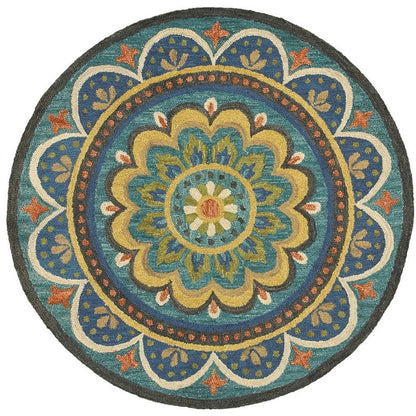 4' Blue and Orange Round Wool Floral Medallion Hand Tufted Area Rug