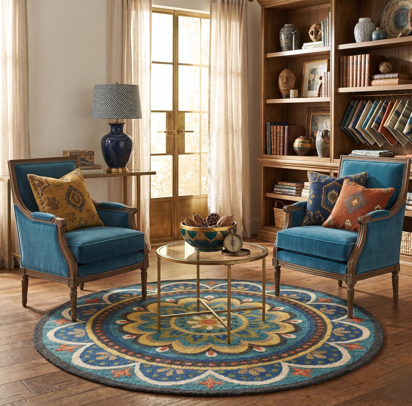 4' Blue and Orange Round Wool Floral Medallion Hand Tufted Area Rug