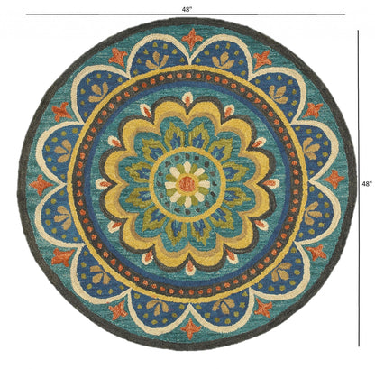 4' Blue and Orange Round Wool Floral Medallion Hand Tufted Area Rug