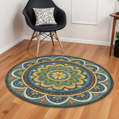 4' Blue and Orange Round Wool Floral Medallion Hand Tufted Area Rug