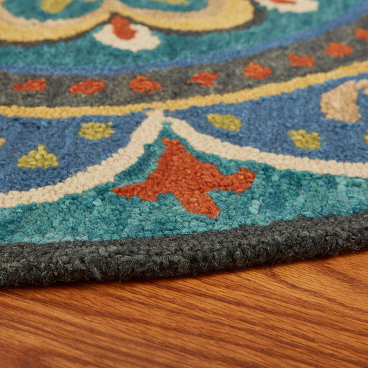 4' Blue and Orange Round Wool Floral Medallion Hand Tufted Area Rug