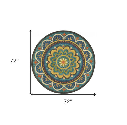 6' Blue Round Wool Geometric Hand Tufted Area Rug