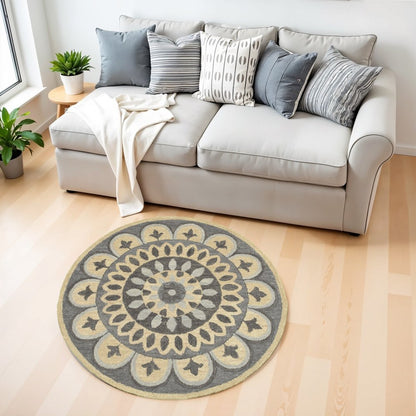 4' Round Gray Floral Bloom Area Rug