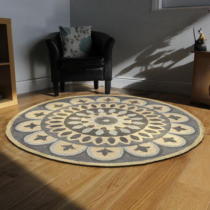 4' Round Gray Floral Bloom Area Rug