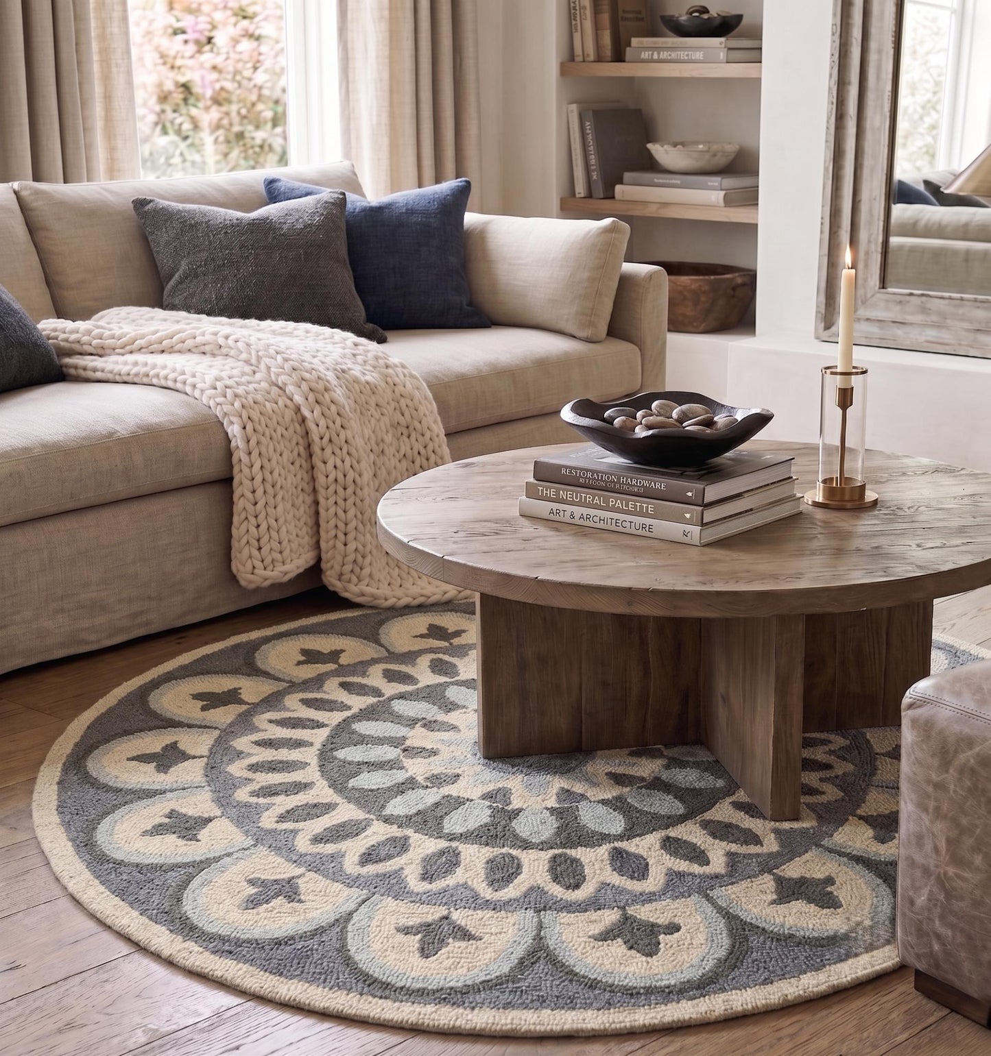 4' Round Gray Floral Bloom Area Rug