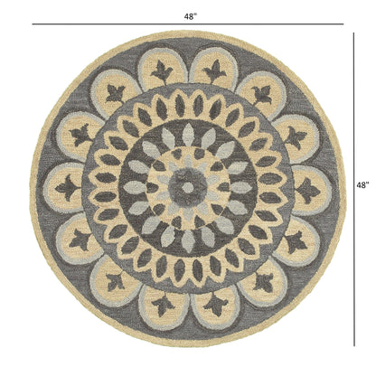 4' Round Gray Floral Bloom Area Rug