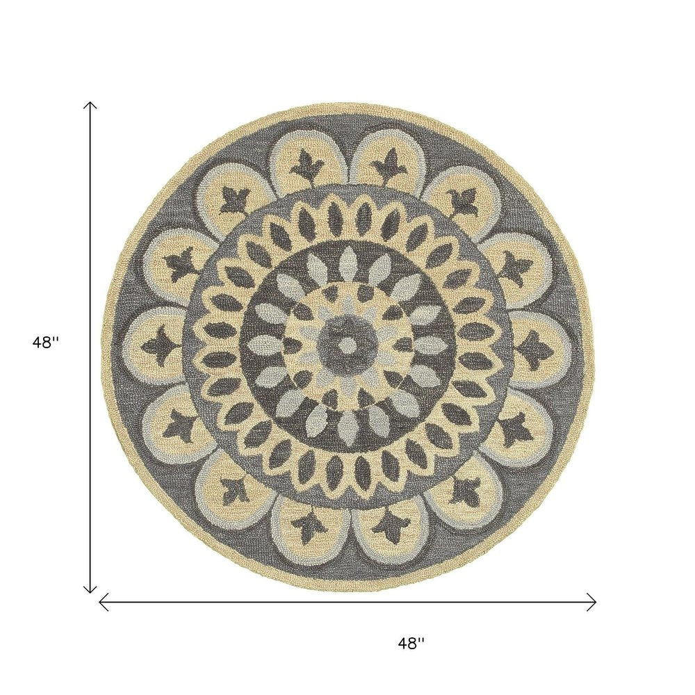 6' Gray Round Wool Geometric Hand Tufted Area Rug