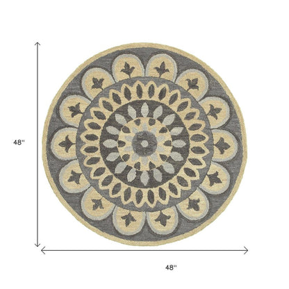 6' Gray Round Wool Geometric Hand Tufted Area Rug