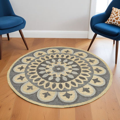 4' Round Gray Floral Bloom Area Rug