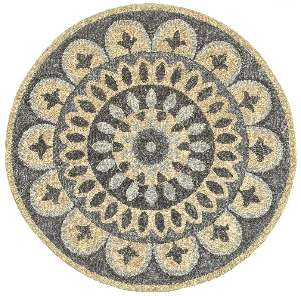 4' Round Gray Floral Bloom Area Rug