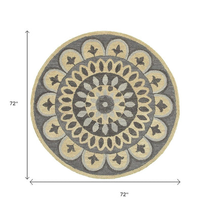 4' Round Gray Floral Bloom Area Rug