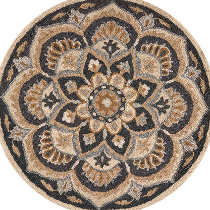 4' Round Black Flower Blossom Area Rug