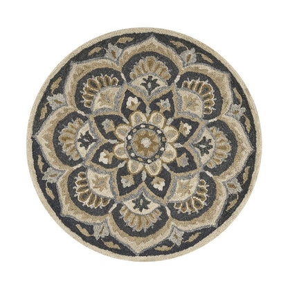 4' Round Black Flower Blossom Area Rug