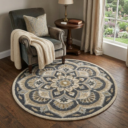 4' Round Black Flower Blossom Area Rug