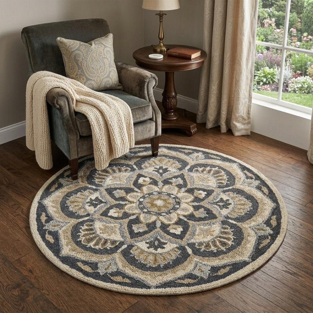 4' Round Black Flower Blossom Area Rug
