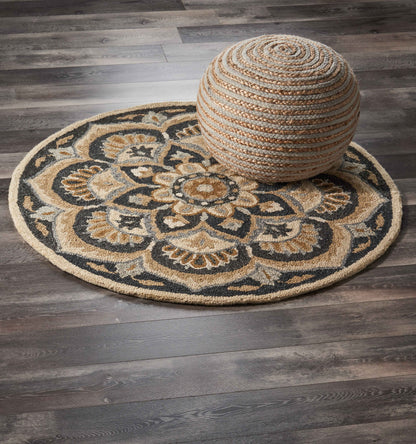 4' Round Black Flower Blossom Area Rug