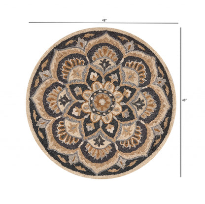 4' Round Black Flower Blossom Area Rug