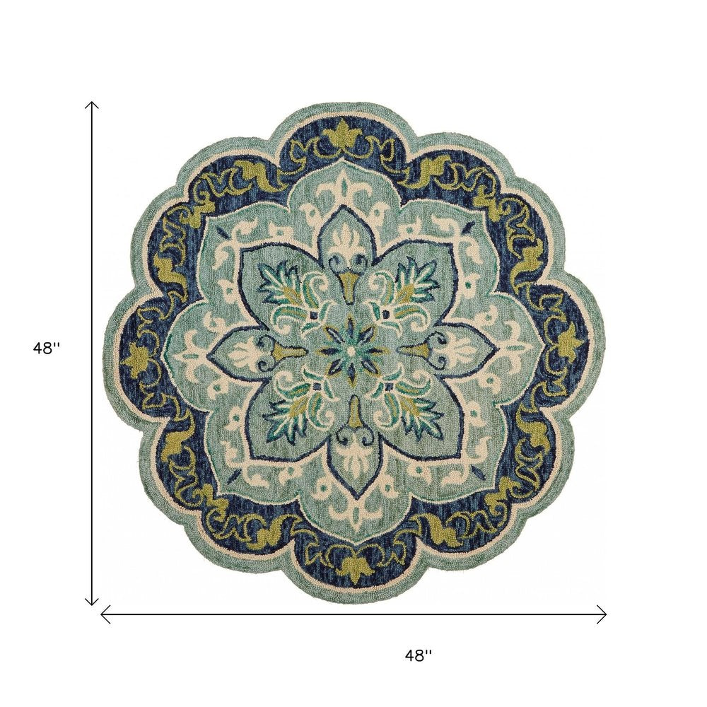 4' Blue And Green Wool Geometric Hand Tufted Round Rug