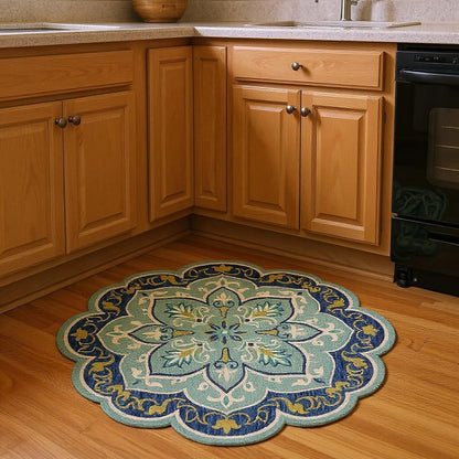 4' Blue And Green Wool Geometric Hand Tufted Round Rug