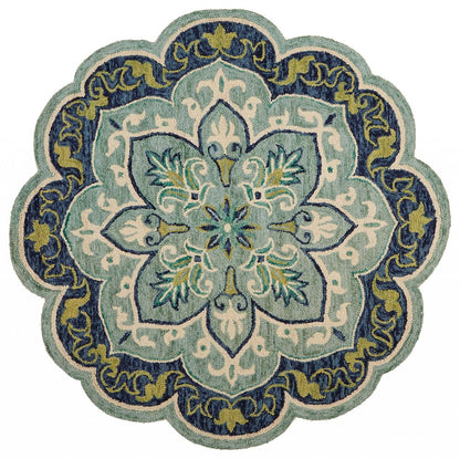 4' Blue And Green Wool Geometric Hand Tufted Round Rug