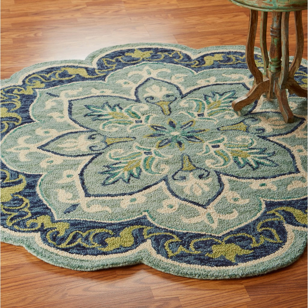 4' Round Blue Ornate Medallion Area Rug