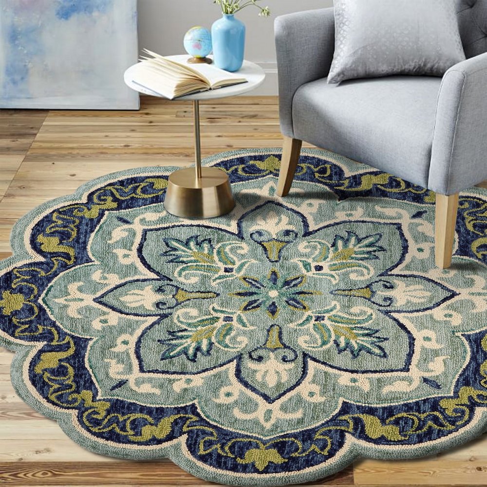 4' Blue And Green Wool Geometric Hand Tufted Round Rug