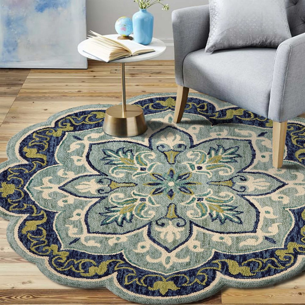 4' Blue And Green Wool Geometric Hand Tufted Round Rug