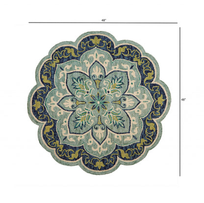 4' Round Blue Ornate Medallion Area Rug