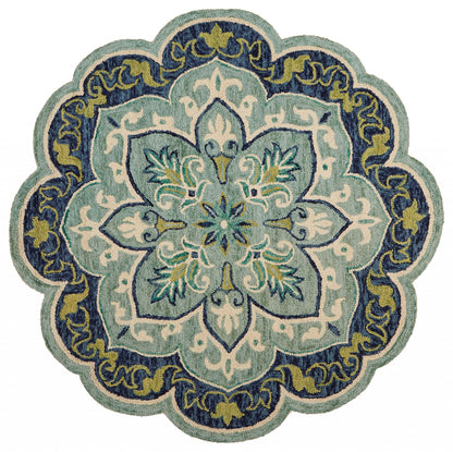 4' Round Blue Ornate Medallion Area Rug