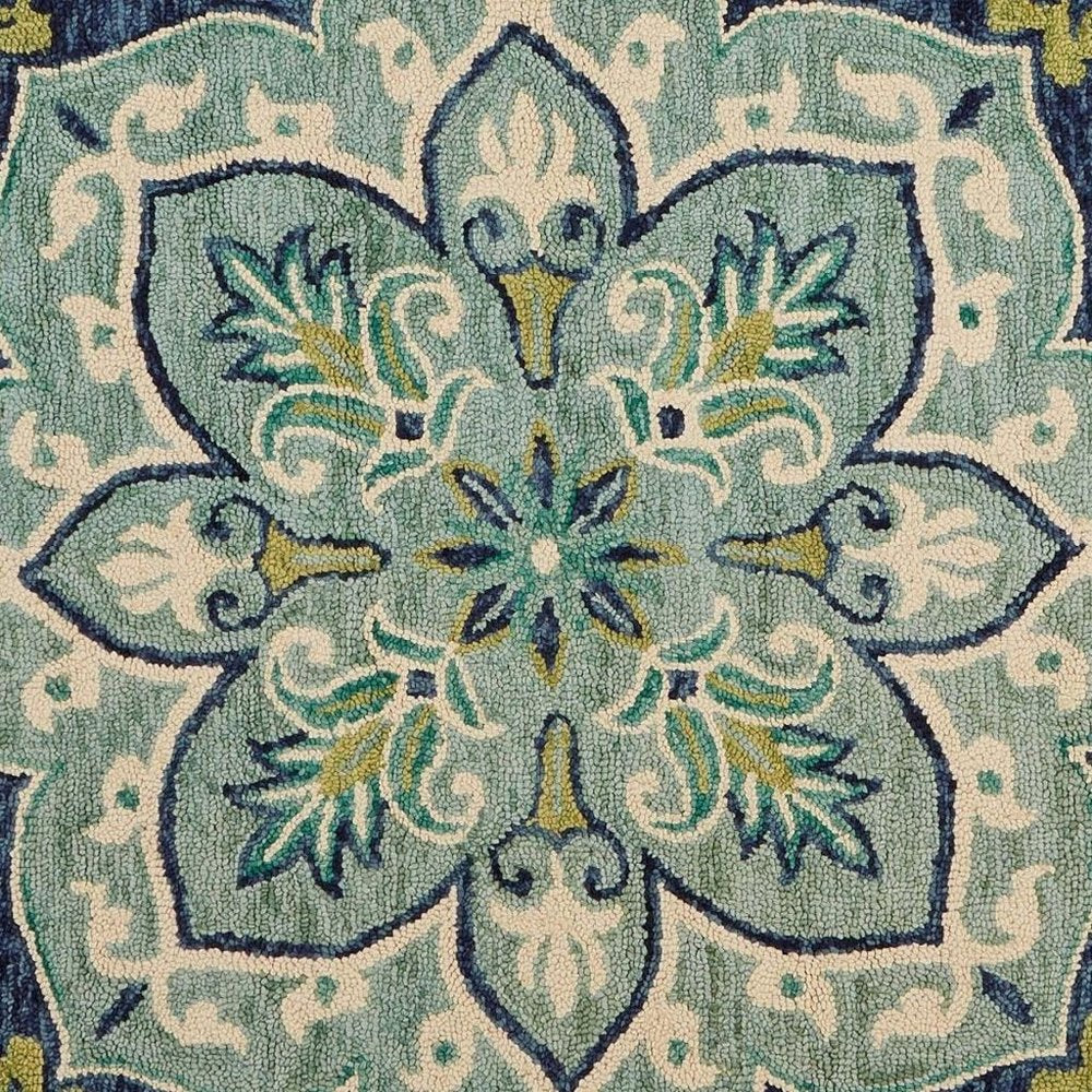 6' Blue And Green Wool Geometric Hand Tufted Round Rug