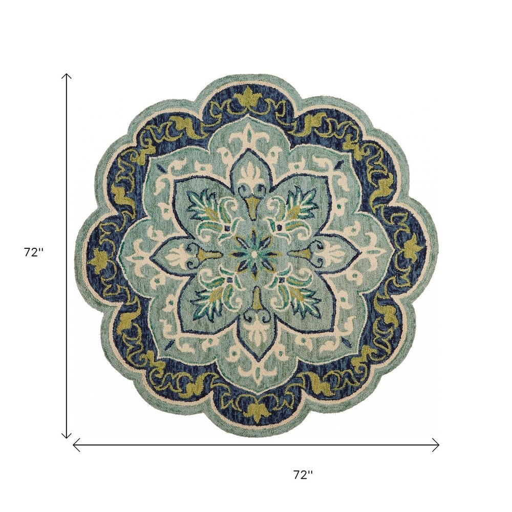 6' Blue And Green Wool Geometric Hand Tufted Round Rug