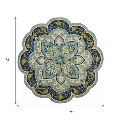 6' Blue And Green Wool Geometric Hand Tufted Round Rug