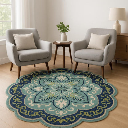 4' Blue And Green Wool Geometric Hand Tufted Round Rug