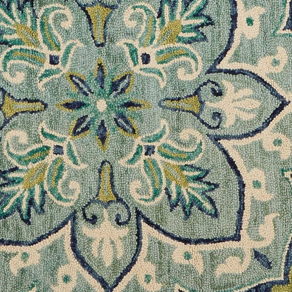 4' Blue And Green Wool Geometric Hand Tufted Round Rug