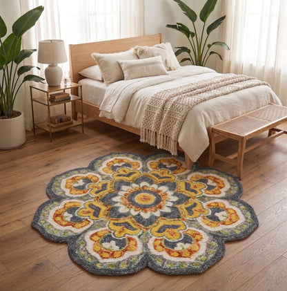 4' Gray Wool Geometric Hand Tufted Round Rug