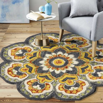 4' Round Gray And Gold Floret Area Rug