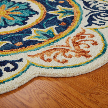 4' Round Ivory And Navy Decorative Area Rug