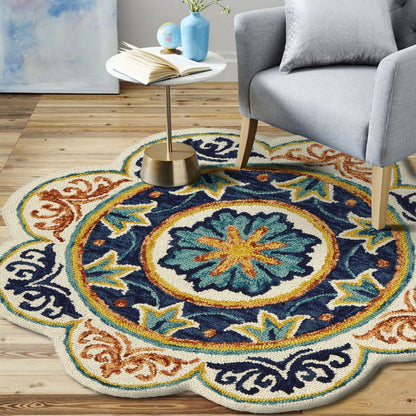 4' Round Ivory And Navy Decorative Area Rug