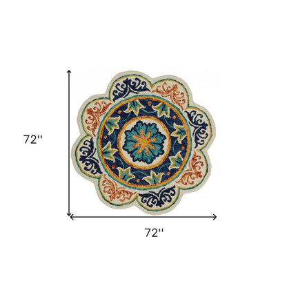 4' Round Ivory And Navy Decorative Area Rug