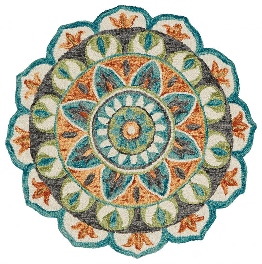 4' Round Blue And Orange Medallion Area Rug