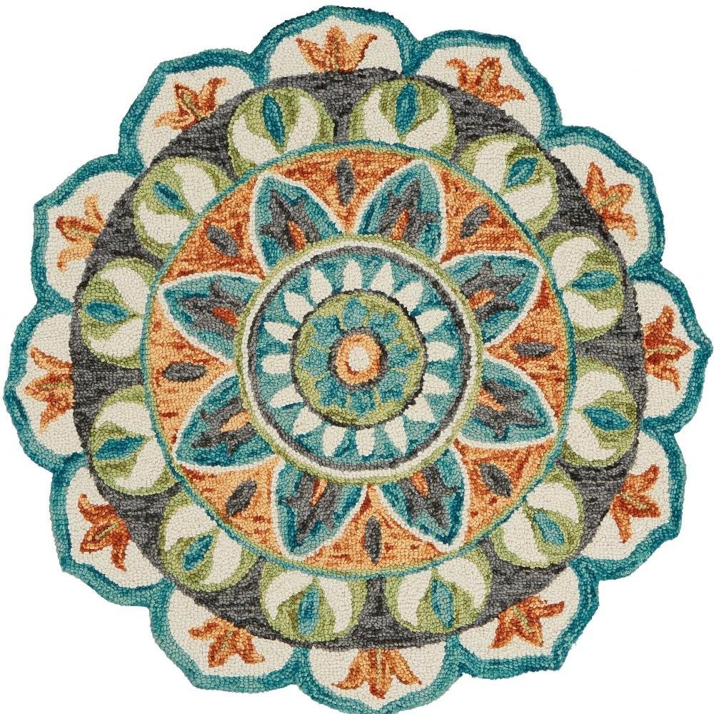 4' Round Blue And Orange Medallion Area Rug
