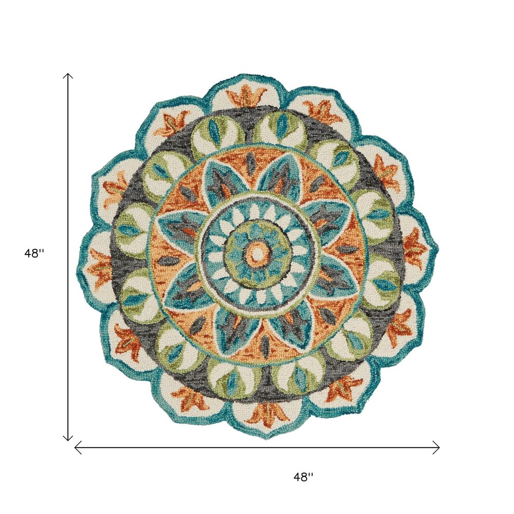 4' Round Blue And Orange Medallion Area Rug