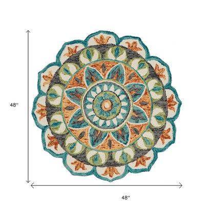 4' Round Blue And Orange Medallion Area Rug