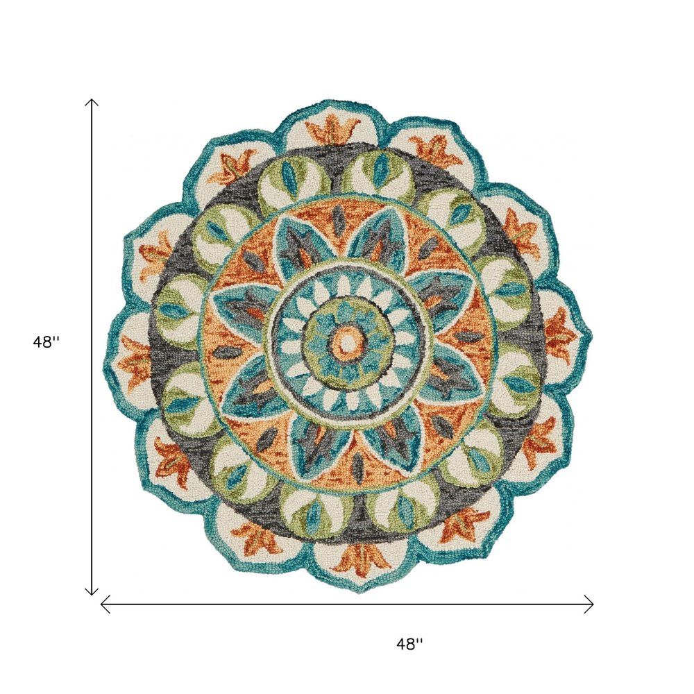 4' Round Blue And Orange Medallion Area Rug