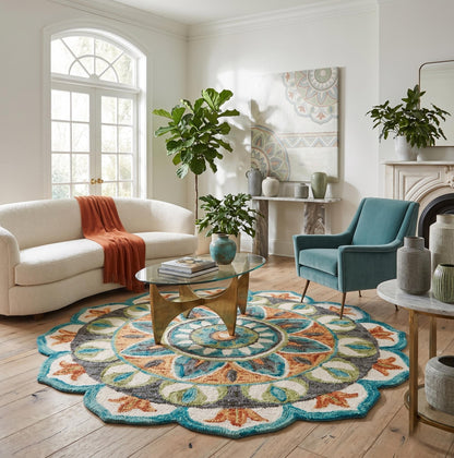 4' Round Blue And Orange Medallion Area Rug