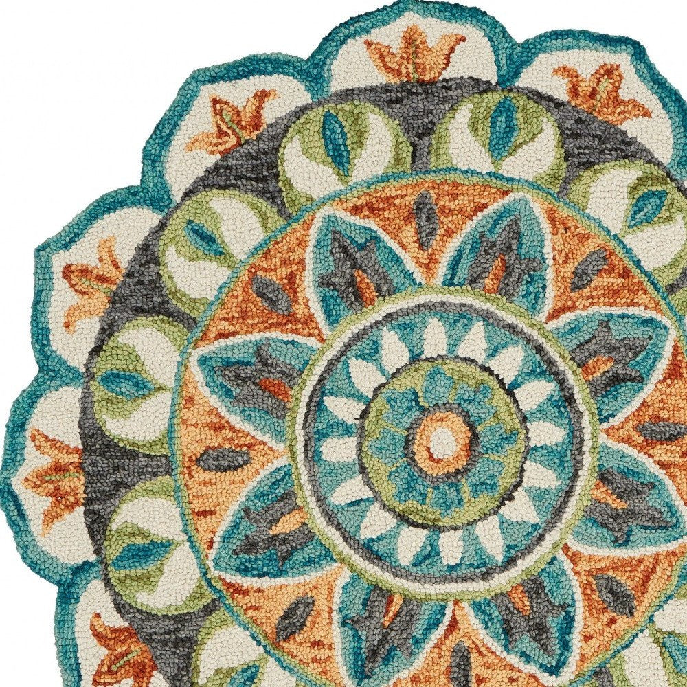 4' Round Blue And Orange Medallion Area Rug