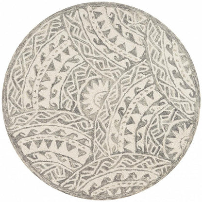 6' Gray Round Wool Geometric Hand Tufted Area Rug