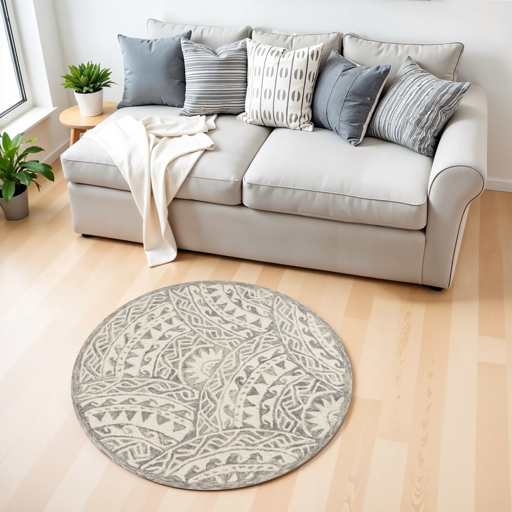 4' Round Gray Decorative Waves Area Rug